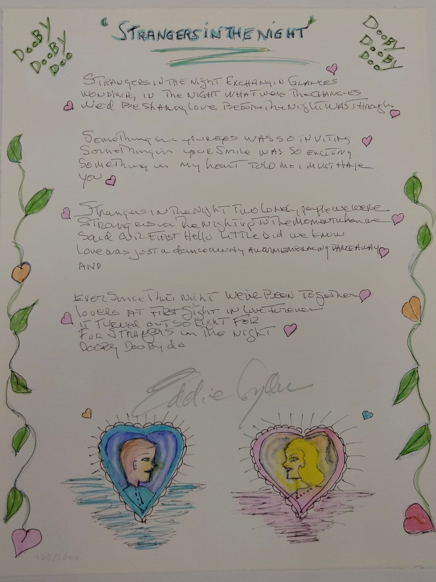 MANUSCRIPT ORIGINALS Eddie Snyder "Strangers In The Night" Hand signed and illustrated lyrics