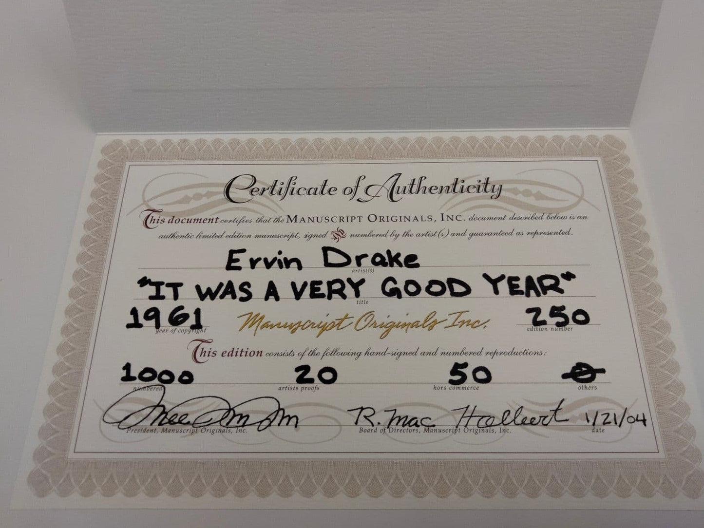 MANUSCRIPT ORIGINALS Ervin Drake "It Was A Very Good Year" Hand signed and illustrated lyrics
