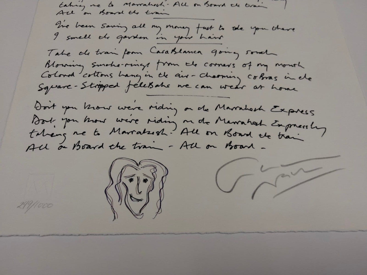 MANUSCRIPT ORIGINALS Graham Nash "Marrakesh Express" Hand signed and Illustrated lyrics