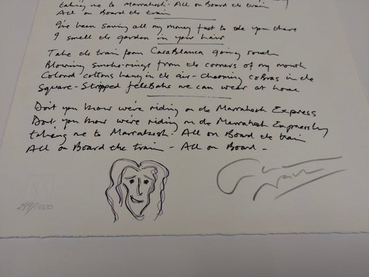 MANUSCRIPT ORIGINALS Graham Nash "Marrakesh Express" Hand signed and Illustrated lyrics