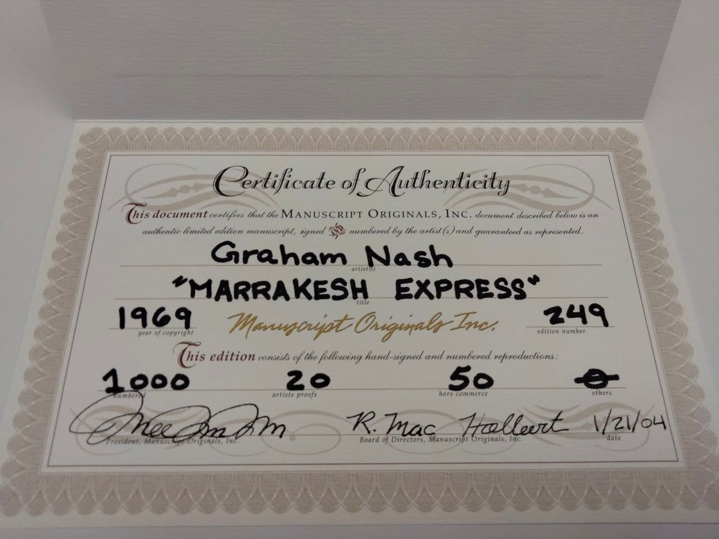 MANUSCRIPT ORIGINALS Graham Nash "Marrakesh Express" Hand signed and Illustrated lyrics