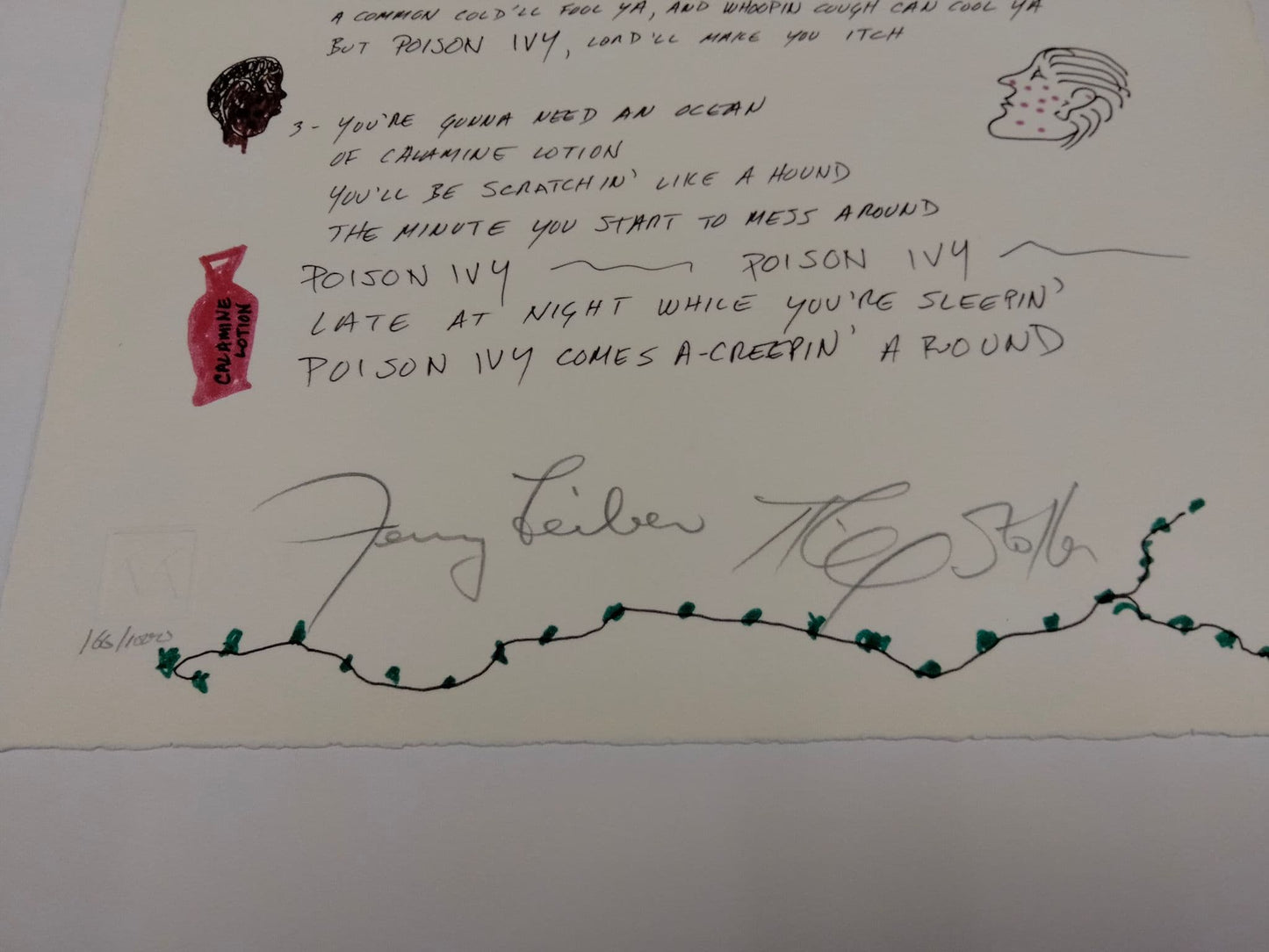 MANUSCRIPT ORIGINALS Jerry Leiber & Mike Stoller "Poison Ivy" Hand signed and illustrated lyrics