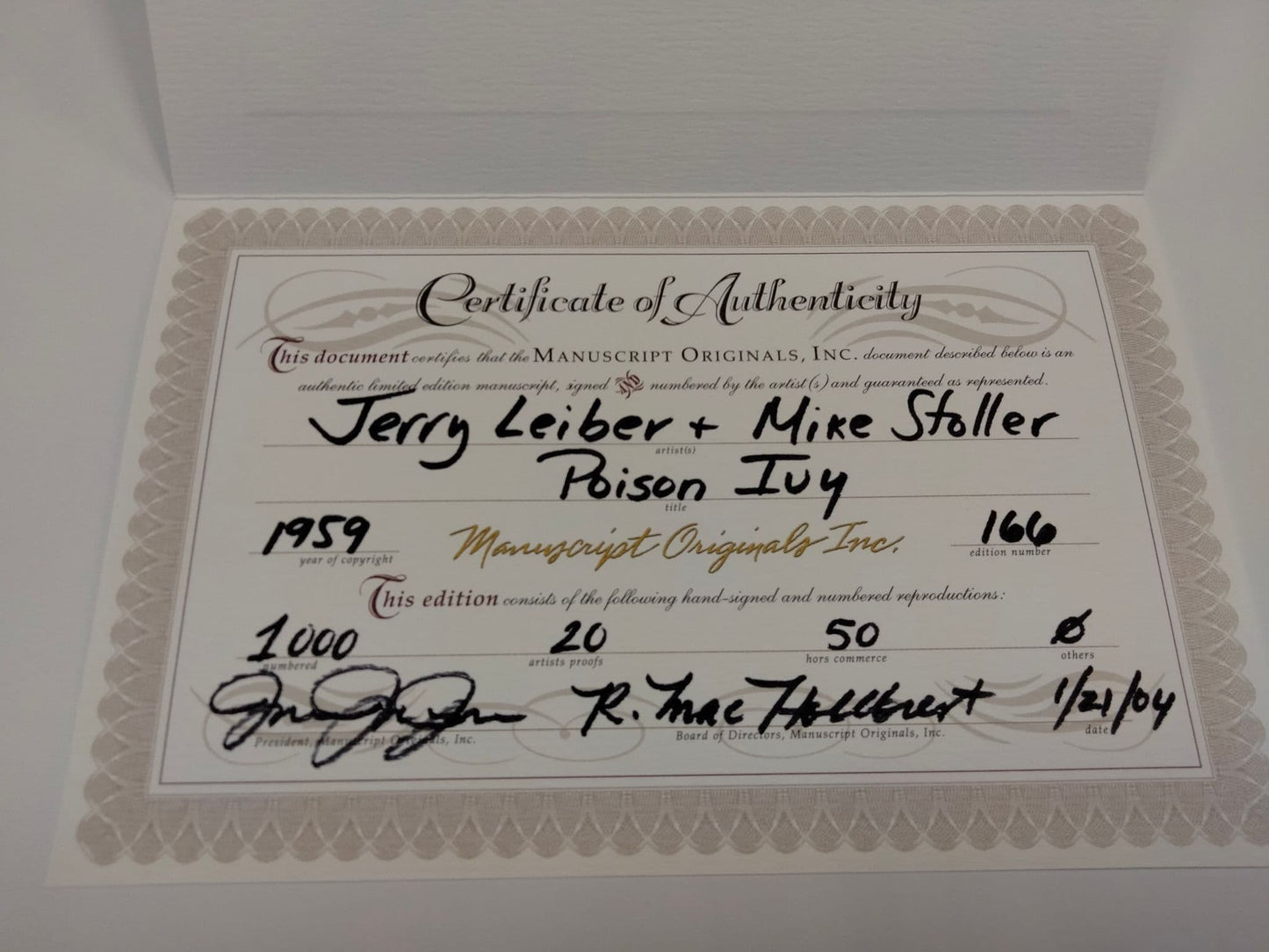 MANUSCRIPT ORIGINALS Jerry Leiber & Mike Stoller "Poison Ivy" Hand signed and illustrated lyrics