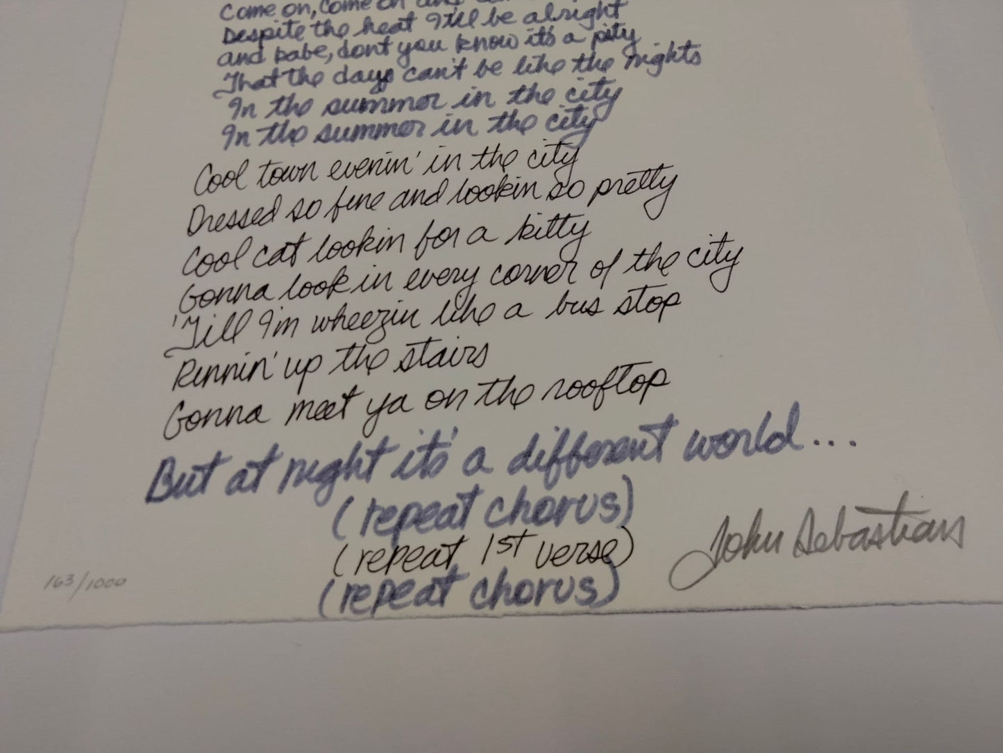 MANUSCRIPT ORIGINALS John Sebastian "Summer In The City" Hand signed and illustrated lyrics