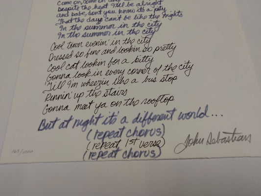 MANUSCRIPT ORIGINALS John Sebastian "Summer In The City" Hand signed and illustrated lyrics