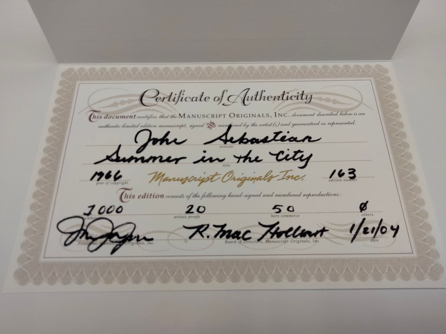 MANUSCRIPT ORIGINALS John Sebastian "Summer In The City" Hand signed and illustrated lyrics