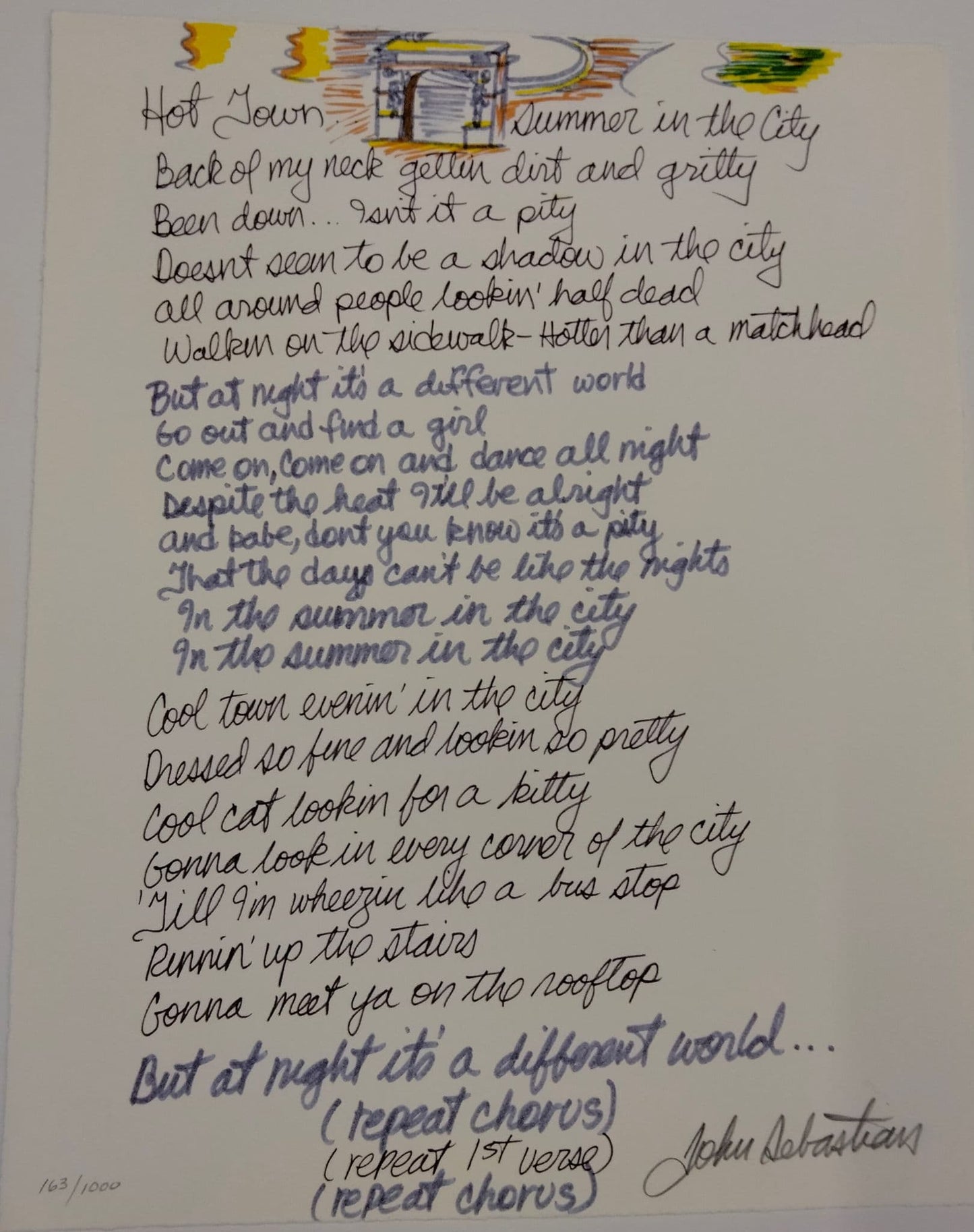 MANUSCRIPT ORIGINALS John Sebastian "Summer In The City" Hand signed and illustrated lyrics